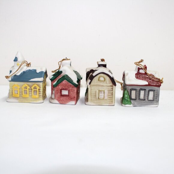Vintage HOMCO #5555 Set of 4 Christmas Village Building Ornaments - Original Box - Picture 6 of 10